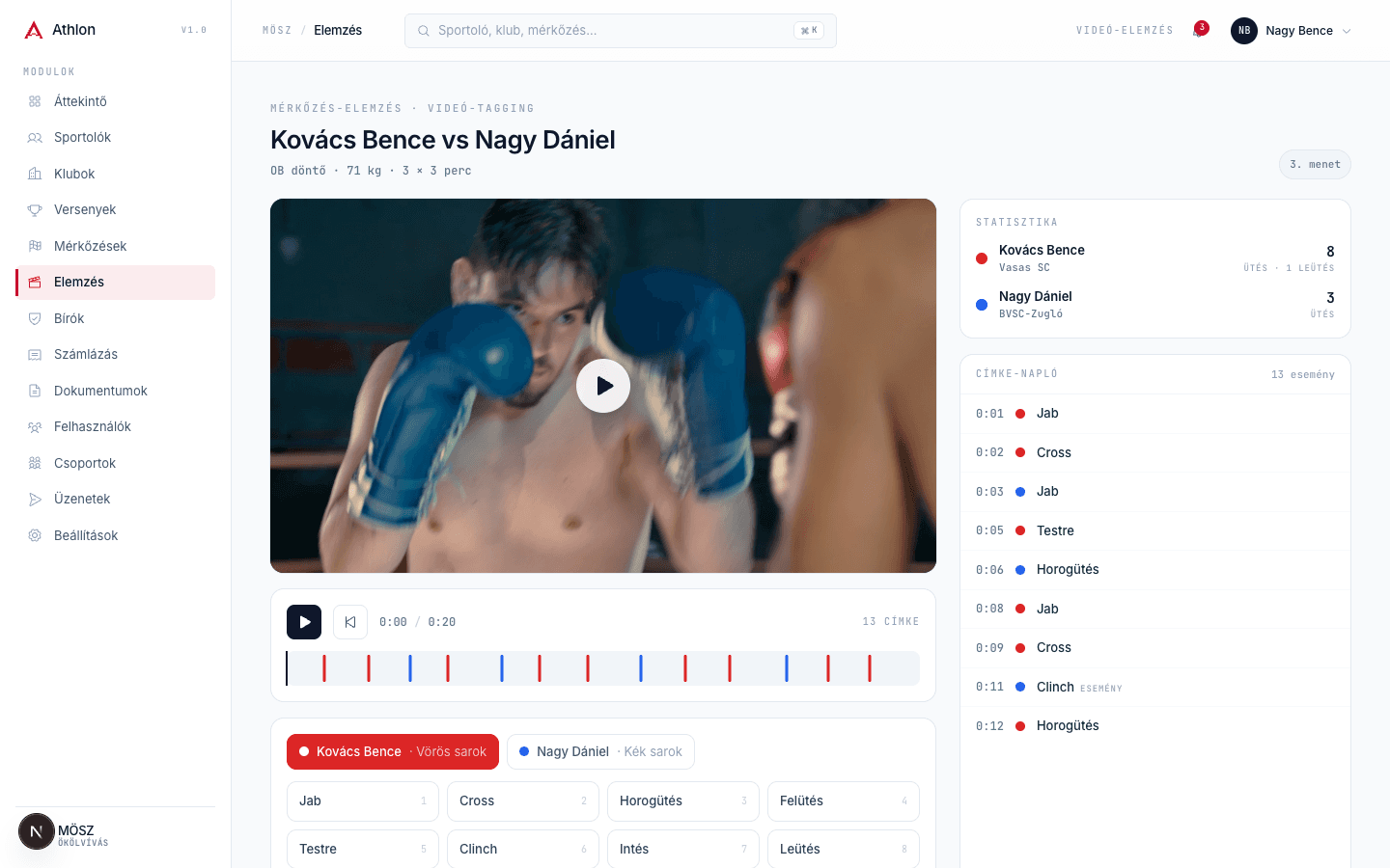 Videó-tagging felület: bout-videó, idővonal címkékkel és eseménynapló