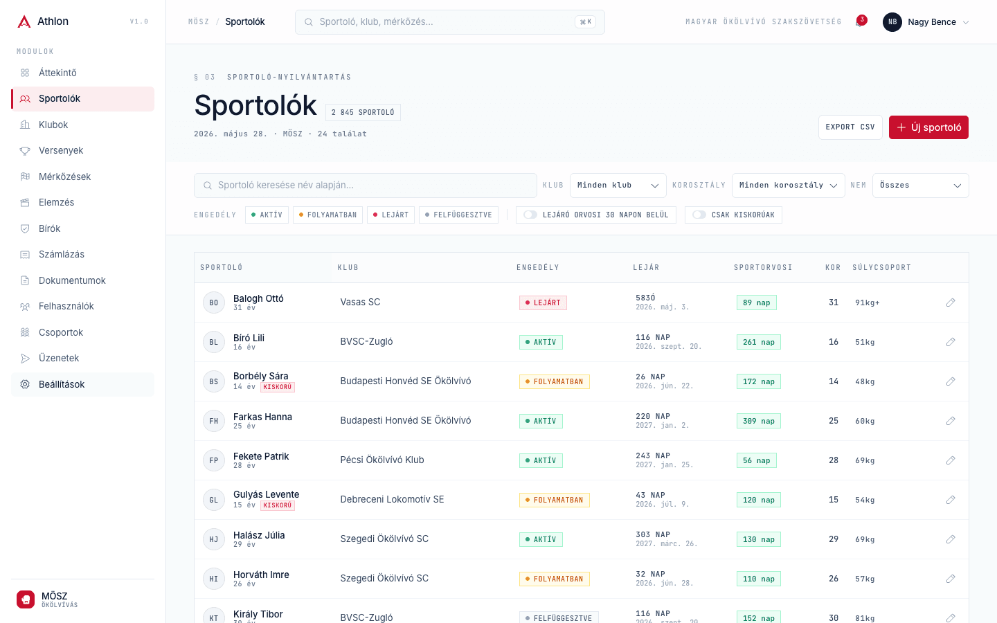 Sportolói nyilvántartás — képernyőkép